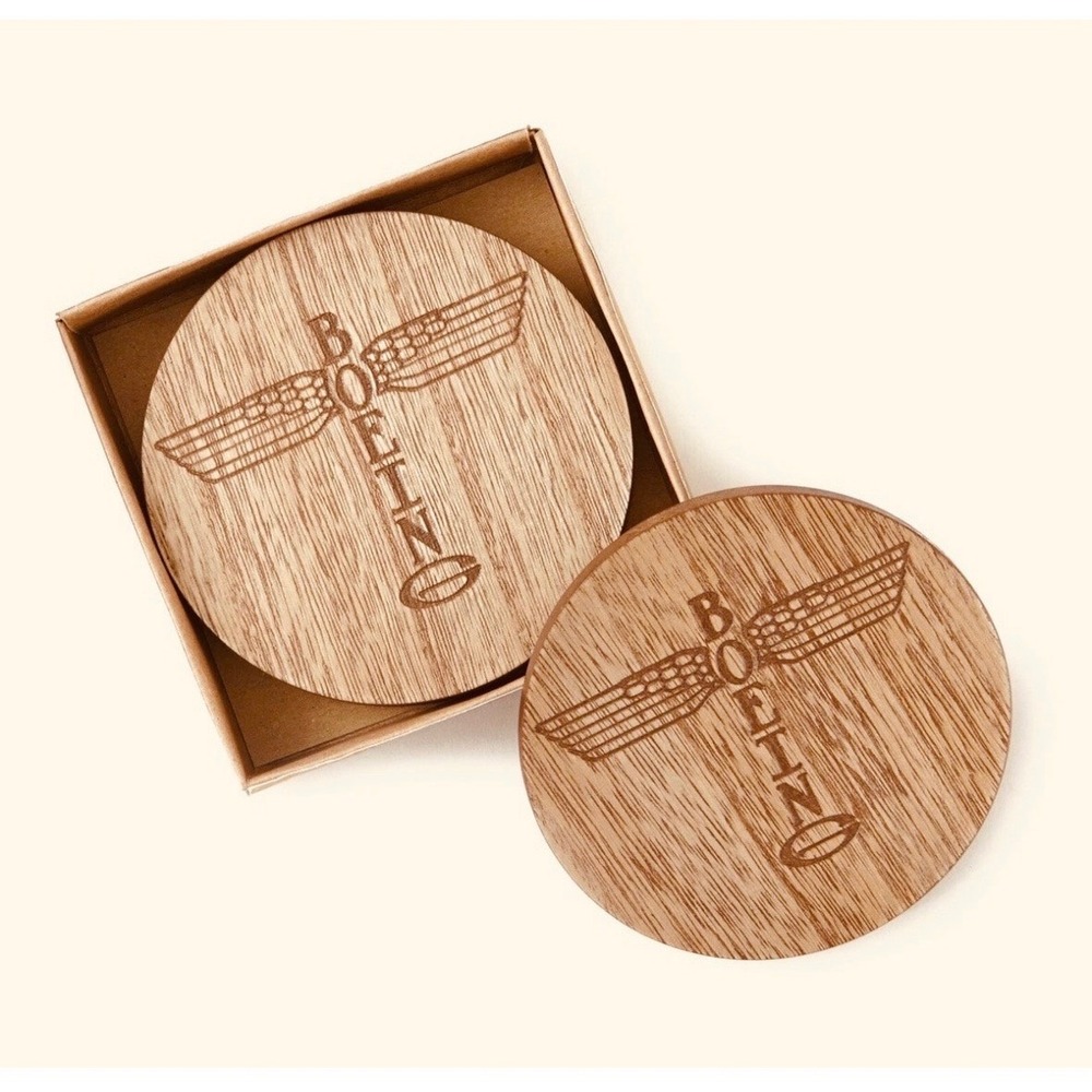 Boeing Totem Coasters Set of 4 Natural Wood Etched Aviation Logo‎ Brown New